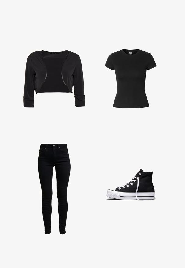 Swing BOLERO - Blazer - schwarz; Sort tætsiddende dame T-shirt med korte ærmer, rund halsudskæring og Urban Classics mærke i kraven.; Sorte denim skinny jeans med høj talje, der har forlommer, en lille møntlomme og metalknaplukning. Blødt, strækbart stof.; Sort high-top canvas sneaker med hvid gummisål og hvide snørebånd, vist fra siden mod en hvid baggrund.