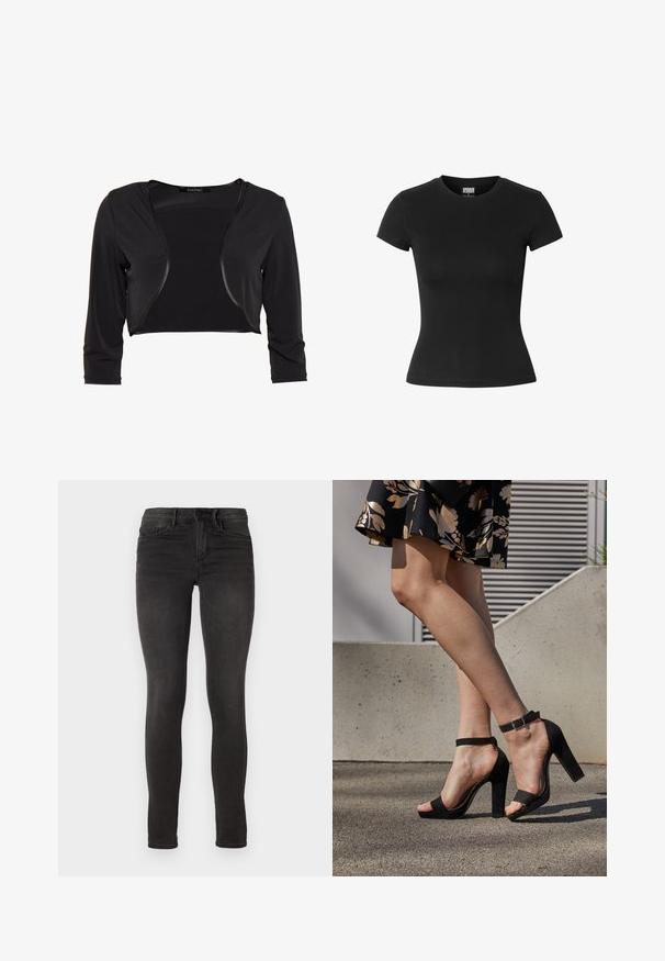Swing BOLERO - Blazer - schwarz; T-shirt noir cintré pour femme à manches courtes, col rond, avec étiquette Urban Classics à l'intérieur du col.; ONLY ONLROYAL - Jeans Skinny - black denim; Des sandales à talons hauts en suede noir présentent une bride de cheville avec une boucle, un design à bout ouvert et un talon épais. Texture lisse et style minimaliste.