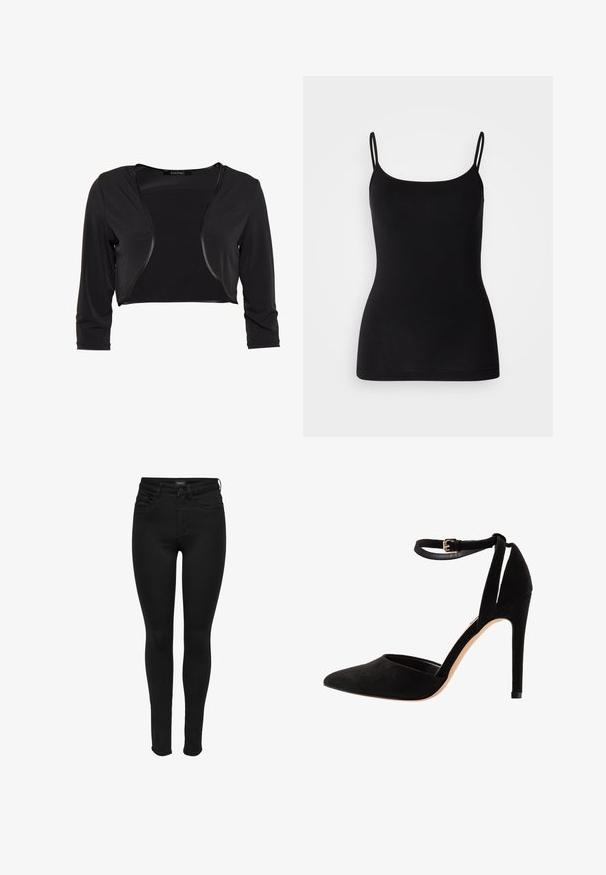 Swing BOLERO - Blazer - schwarz; Zwarte camisole met dunne verstelbare bandjes, gladde rekstof en een aansluitende pasvorm. Geen patronen of versieringen.; Zwarte skinny jeans van denim, met een klassiek vijf-pocket ontwerp, ritssluiting en een soepele textuur met minimale stikseldetails.; Zwarte suède hoge hakken met een puntige neus, enkelbandje en een stilettohak. Het ontwerp heeft een gladde textuur met minimale details.