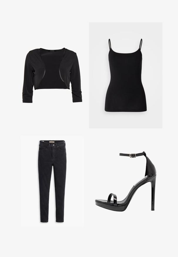 Swing BOLERO - Blazer - schwarz; Sort camisole-top med tynde justerbare stropper, glat elastisk stof og en tæt silhuet. Ingen mønstre eller pynt.; Sorte denimjeans med høj talje, slank pasform og minimale syninger. Stofmet viser en let tekstur med en glat finish.; Steve Madden MILANO - Højhælede sandaletter / Højhælede sandaler - black