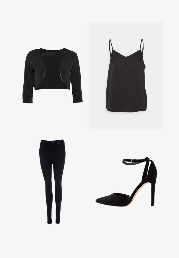 Swing BOLERO - Blazer - schwarz; Zwarte cami met kantdetail bij de halslijn, voorzien van verstelbare spaghettibandjes en een gladde satijnen textuur. Drie knopen aan de voorkant.; Zwarte high-waisted skinny jeans met voorknop en rits, voor- en achterzakken, afgebeeld tegen een witte achtergrond.; Zwarte suède hoge hakken met een puntige neus, enkelbandje en een stilettohak. Het ontwerp heeft een gladde textuur met minimale details.