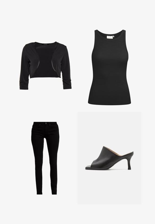 Swing BOLERO - Blazer - schwarz; Sort tanktop lavet af ribbet materiale, med en scooped halsudskæring og en tætsiddende form. Flade sømme og ingen udsmykninger. Enkel og strømlinet design.; Sorte skinny jeans lavet af denim, med et klassisk fem-lomme design, en mellemhøj talje og subtile metalhardware-detaljer.; Selected ASHLEY - Mules med hæl - black