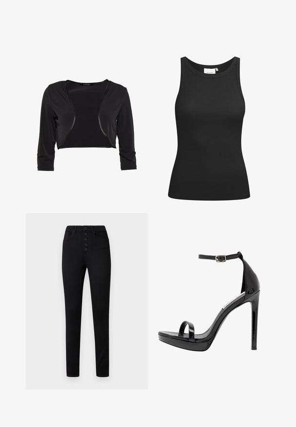 Swing BOLERO - Blazer - schwarz; Débardeur noir en tissu côtelé, avec un décolleté en forme de rond et une coupe ajustée. Coutures plates et sans ornements. Design simple et épuré.; Jean noir taille haute à coupe ajustée, avec cinq boutons, cinq poches et une texture en denim lisse.; Steve Madden MILANO - Sandales à talons hauts - black