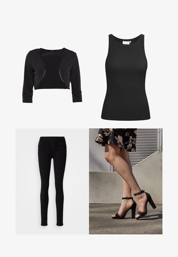 Swing BOLERO - Blazer - schwarz; Sort tanktop lavet af ribbet materiale, med en scooped halsudskæring og en tætsiddende form. Flade sømme og ingen udsmykninger. Enkel og strømlinet design.; Sorte slim-fit bukser med knaplukning, bæltestropper og frontlommer, vist mod en ensfarvet lys baggrund.; Sorte ruskinds høje hæle sandaler har et ankelstrop med spænde, åben tå design og en kraftig hæl. Glat tekstur og minimalistisk stil.