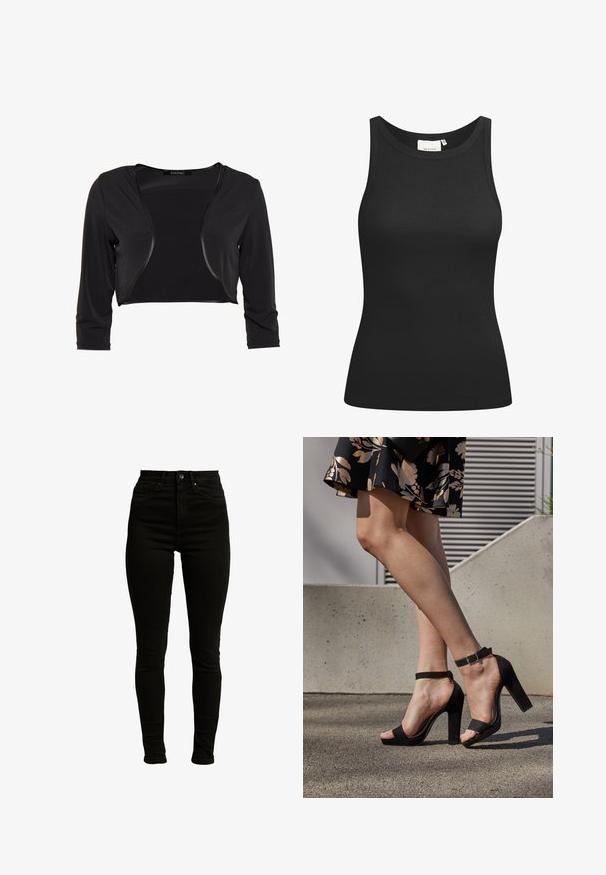 Swing BOLERO - Blazer - schwarz; Sort tanktop lavet af ribbet materiale, med en scooped halsudskæring og en tætsiddende form. Flade sømme og ingen udsmykninger. Enkel og strømlinet design.; Sorte højtaljede skinny jeans fremstillet af denim med let stræk, med lynlås, enkelt knaplukning og fem-lomme design.; Sorte ruskinds høje hæle sandaler har et ankelstrop med spænde, åben tå design og en kraftig hæl. Glat tekstur og minimalistisk stil.