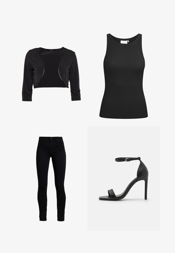 Swing BOLERO - Blazer - schwarz; Sort tanktop lavet af ribbet materiale, med en scooped halsudskæring og en tætsiddende form. Flade sømme og ingen udsmykninger. Enkel og strømlinet design.; Sorte skinny jeans lavet af en bomuldsblanding, med høj talje, traditionelt fem lomme-design og en frontlukning med knap.; Sort højhælet sandal med et sleek design, der har en ankelrem, åben tå og glat lædertekstur.