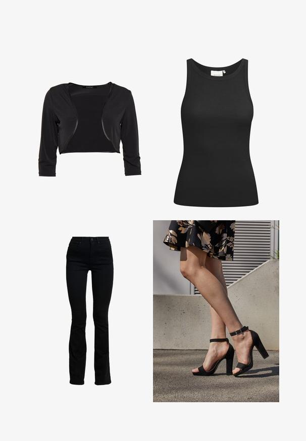 Swing BOLERO - Blazer - schwarz; Sort tanktop lavet af ribbet materiale, med en scooped halsudskæring og en tætsiddende form. Flade sømme og ingen udsmykninger. Enkel og strømlinet design.; Sorte højtaljede skinny jeans med let flared i anklerne, med for- og baglommer samt knaplukning.; Sorte ruskinds høje hæle sandaler har et ankelstrop med spænde, åben tå design og en kraftig hæl. Glat tekstur og minimalistisk stil.