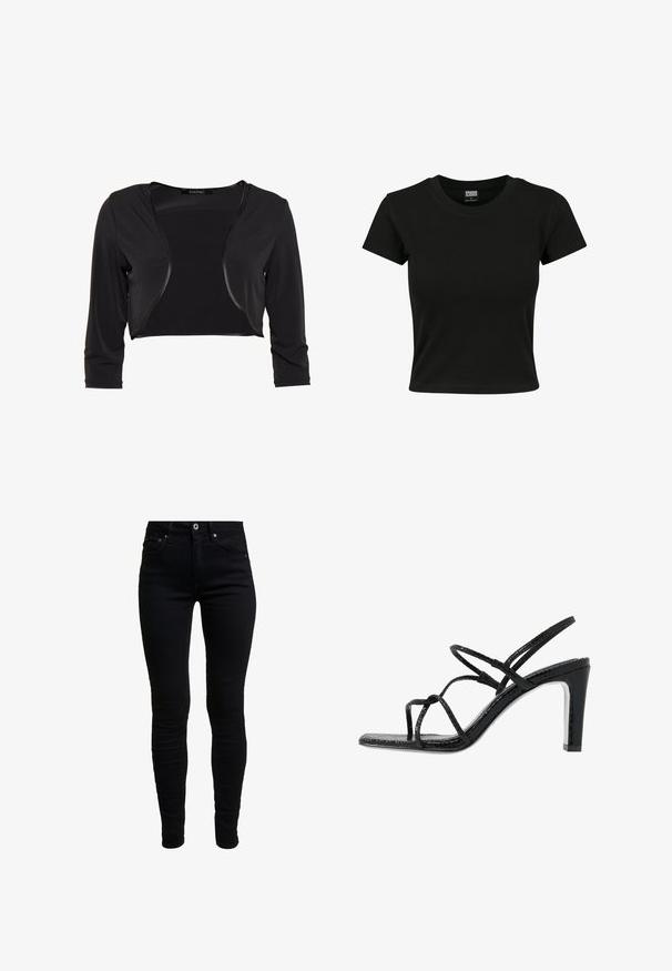Swing BOLERO - Blazer - schwarz; Sort kortærmet t-shirt lavet af glat bomuldsstof, med rund halsudskæring og en tætsiddende pasform. Ingen synlige mønstre eller accenter.; Sorte denim skinny jeans med høj talje, der har forlommer, en lille møntlomme og metalknaplukning. Blødt, strækbart stof.; Sorte hælede sandaler med tynde stropper, en tekstureret overflade, åben tå og et slankt, spidst hældesign. Har en glat indersål og en skinnende overflade.