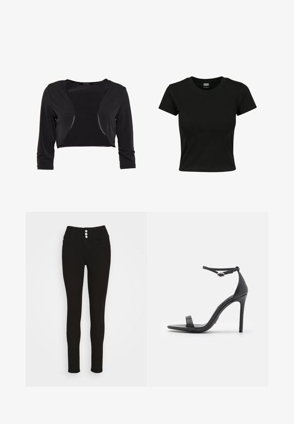 Swing BOLERO - Blazer - schwarz; Sort kortærmet t-shirt lavet af glat bomuldsstof, med rund halsudskæring og en tætsiddende pasform. Ingen synlige mønstre eller accenter.; Vero Moda VMDONNA - Jeans Skinny Fit - black; Sorte højhælede sandaler med åben tå, tynde stropper og spænde om anklen. Glat lædertekstur med spidse tådesign.