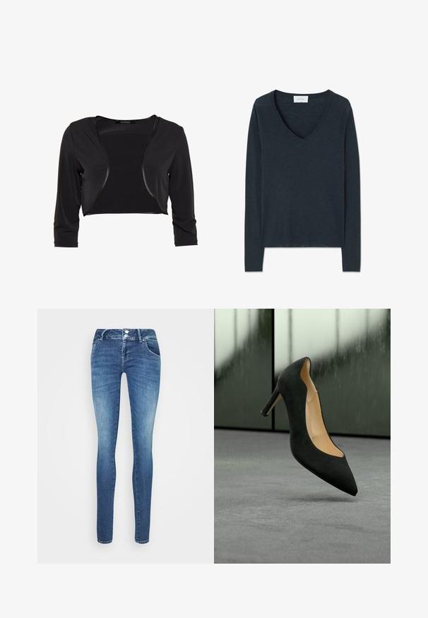 Swing BOLERO - Blazer - schwarz; Donkerblauw marineblauw T-shirt met lange mouwen, V-hals, lichtgewicht stof, slim fit en een klein wit merkembleem aan de binnenkant van de kraag.; Dun slimfit jeans in medium blauw denim. Voorzien van een ritsgulp met knoopsluiting, vijf zakken en een lichte vervaging voor textuur.; Zwarte pump met puntige neus, gekartelde rand en tan kleurige binnenkant, zwevend boven een grijze vloer tegen een vage groene achtergrond.