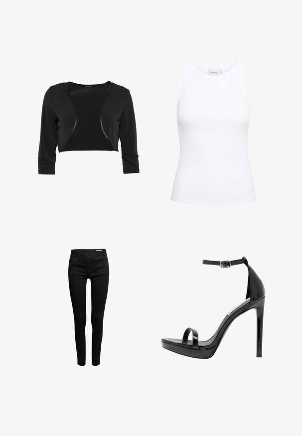 Swing BOLERO - Blazer - schwarz; Witte geribde tanktop met een ronde halslijn en zonder mouwen. Rekbaar materiaal en een aansluitend ontwerp. Het label op de achterkant zegt "GESTUZ."; Esprit SUS MR SKINNY - Jeans Skinny Fit - black rinse; Steve Madden MILANO - Sandalen met hoge hak - black
