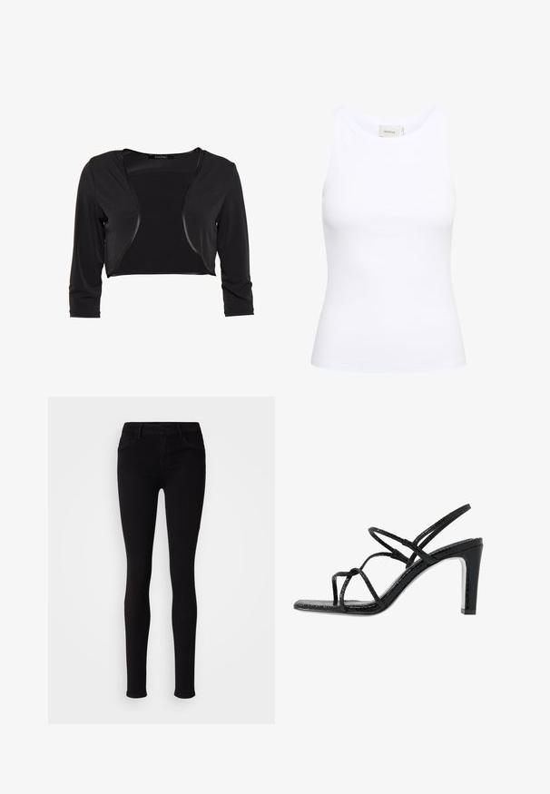 Swing BOLERO - Blazer - schwarz; Hvid ribbet tanktop med rund halsudskæring og uden ærmer. Strækbart stof og tætsiddende design. Etiketten bagpå viser "GESTUZ."; Sorte slim-fit bukser med knaplukning, bæltestropper og frontlommer, vist mod en ensfarvet lys baggrund.; Sorte hælede sandaler med tynde stropper, en tekstureret overflade, åben tå og et slankt, spidst hældesign. Har en glat indersål og en skinnende overflade.