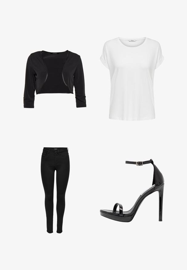 Swing BOLERO - Blazer - schwarz; Hvid kortærmet t-shirt lavet af blød bomuld. Har en rund halsudskæring og rullede ærmer. Enkel design uden mønstre eller accenter.; Sorte skinny jeans lavet af denim, med et klassisk fem-lomme design, lynlås i gylpen og en glat tekstur med minimale syningsdetaljer.; Steve Madden MILANO - Højhælede sandaletter / Højhælede sandaler - black