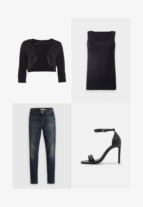 Swing BOLERO - Blazer - schwarz; Sort ærmeløs tank top med firkantet halsudskæring, lavet af glat stof, med en tætsiddende design og rene kanter, ingen synlige mønstre eller accenter.; Mørkeblå, slanke jeans med falming på lår og knæ, fem-lomme design, knaplukning og bæltestropper.; Sort højhælet sandal med et sleek design, der har en ankelrem, åben tå og glat lædertekstur.