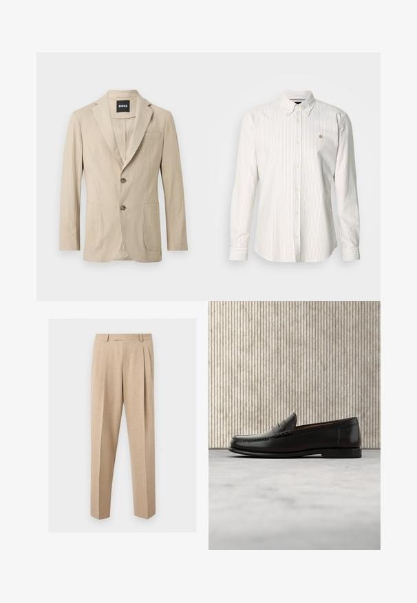 Blazer beige texturé à deux boutons, col à revers cranté, deux poches avant et une poche poitrine, étiquette BOSS à l'intérieur du col.; Chemise à manches longues rayée en beige clair et blanc. Dotée d'un col boutonné, de boutons sur le devant et d'un petit logo sur la poitrine.; Pantalon beige sur mesure avec plis sur le devant, passants de ceinture et jambes droites, présenté sur un fond clair et uni.; Mocassin penny en cuir noir avec talon bas, bout arrondi et détails cousus à l'avant et sur les côtés, présenté sur un fond neutre.