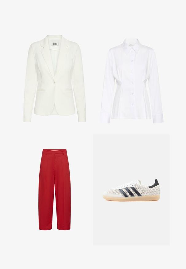 Weißer Blazer aus glattem Stoff, mit einem einzelnen Knopfverschluss, Reverskragen und zwei vorderen Taschen. Das Etikett trägt die Aufschrift "ICHI."; Weiße, langärmlige Bluse mit Knopfleiste, spitzem Kragen, tailliertem Schnitt und sichtbarem Markenetikett "Gestuz" innen am Kragen.; Rote, hoch taillierte, weit geschnittene Hose mit vorderen Falten, Gürtelschlaufen und verdecktem Frontverschluss.; Weiße Mesh-Sneaker mit schwarzem Drei-Streifen-Design, abgerundeter Spitze und Gummisohle. Verfügen über einen weichen Fersenkragen und Schnürverschluss.
