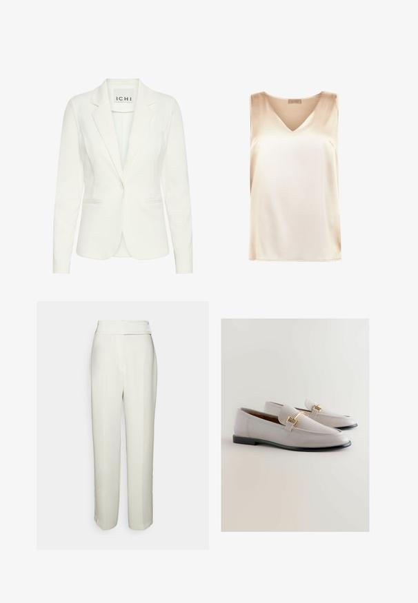 Weißer Blazer aus glattem Stoff, mit einem einzelnen Knopfverschluss, Reverskragen und zwei vorderen Taschen. Das Etikett trägt die Aufschrift "ICHI."; Beige ärmelloses Top aus glattem Stoff mit V-Ausschnitt und geradem Saum. Minimalistischer Stil ohne zusätzliche Muster oder Akzente.; Halston KARTER WEDDING PANT - Stoffhose - chalk; Helle graue Lederloafer mit spitzem Zehenbereich, versehen mit einem goldfarbigen Metallakzent und einem niedrigen schwarzen Absatz. Glatte Textur, minimalistisches Design.