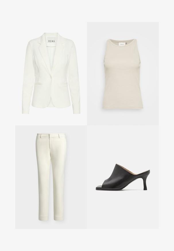 Hvid blazer lavet af glat stof, med enkel knaplukning, notched revers og to frontlommer. Mærket siger "ICHI."; Lys beige tank top lavet af ribbestrikket stof med en rund halsudskæring og ærmeløs design. Har en diskret mærkeetiket indeni.; Bukser i cremefarve med slim fit, bæltestropper og frontlynlås, vist på en ensartet lysegrå baggrund.; Selected ASHLEY - Mules med hæl - black
