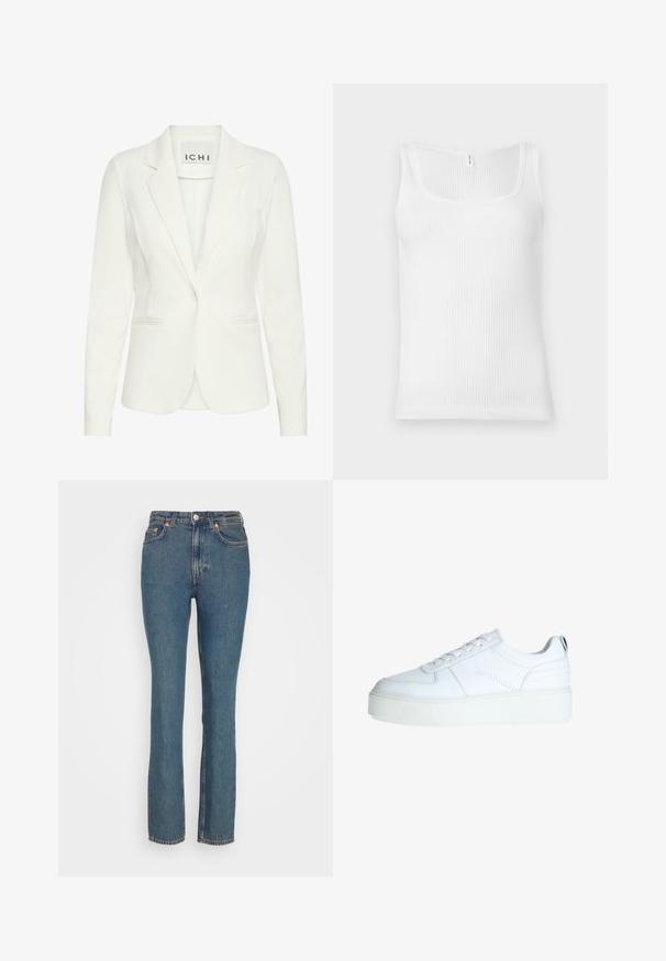 Witte blazer van een gladde stof, met een enkele knoopsluiting, notch-kraag en twee voorkruiszakken. Etiket leest "ICHI."; Witte geribbelde tanktop met een rechthoekige halslijn en brede schouderbanden. De stof heeft een gestructureerde, stretchachtige uitstraling.; Weekday CITY HIGH SLIM - Slim fit jeans - lapis blue; Witte leren sneakers met een ronde neus, vetersluiting, dikke witte zool en subtiele stiksels aan de zijkant.