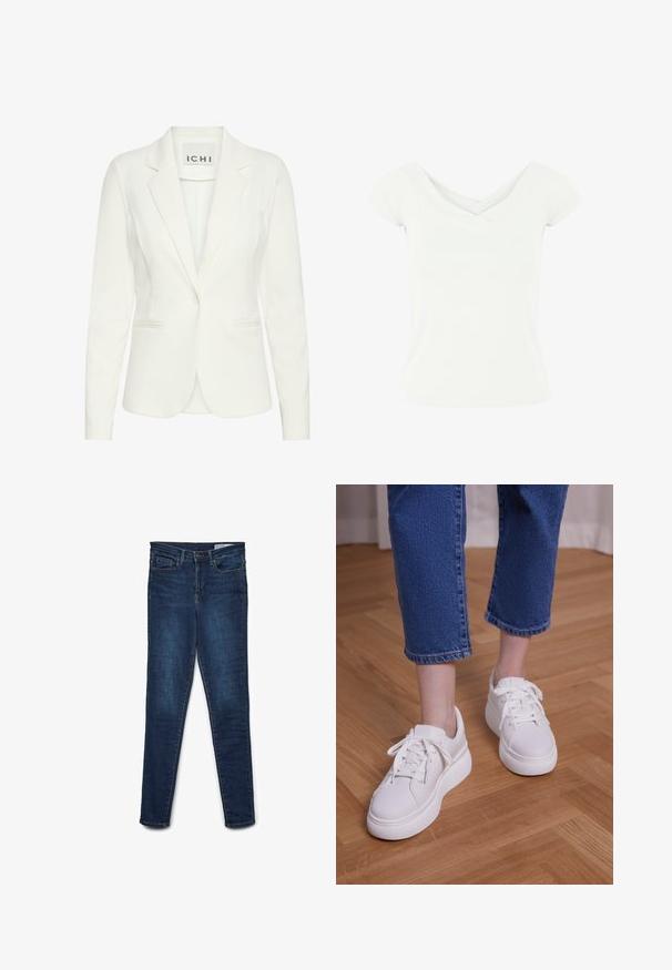 Hvid blazer lavet af glat stof, med enkel knaplukning, notched revers og to frontlommer. Mærket siger "ICHI."; Hvid kortærmet top med en crossover V-udskæring, lavet af et glat stof. Har en tætsiddende silhuet og en ren kant.; Slanke jeans i mørkeblåt denim. Har fem lommer, lynlås og bæltestropper. Glat tekstur med subtil farvevariation.; Ben iført cropped blå jeans og hvide snørebånds-plateausneakers, stående på lyst trægulv.