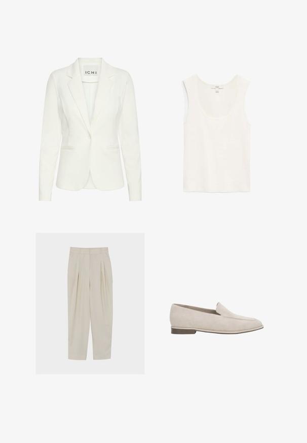 Weißer Blazer aus glattem Stoff, mit einem einzelnen Knopfverschluss, Reverskragen und zwei vorderen Taschen. Das Etikett trägt die Aufschrift "ICHI."; Weißes ärmelloses Baumwoll-Top mit Rundhalsausschnitt und M&S-Etikett, flach auf weißem Hintergrund liegend.; Beige, hoch taillierte, maßgeschneiderte Hosen mit Falten, Seitentaschen, Gürtelschlaufen und einem Reißverschluss vorne.; Beiger Wildleder-Slipper mit niedrigem Absatz, spitz zulaufender Spitze und minimaler Naht am Obermaterial.