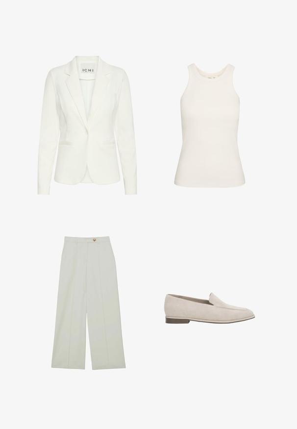 Witte blazer van een gladde stof, met een enkele knoopsluiting, notch-kraag en twee voorkruiszakken. Etiket leest "ICHI."; Witte tanktop van rekbare ribstof, met een ronde halslijn en mouwloos ontwerp. Soepele textuur, aangesloten pasvorm.; Wijde broekspijpen van lichte stof, in een gebroken witte kleur, met plooien aan de voorkant en een enkele knoopsluiting.; Beige suède instapper loafer met lage hak, puntige neus en minimale stiksel details aan de bovenzijde.