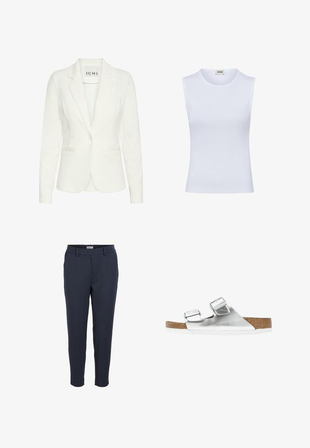 Weißer Blazer aus glattem Stoff, mit einem einzelnen Knopfverschluss, Reverskragen und zwei vorderen Taschen. Das Etikett trägt die Aufschrift "ICHI."; Weißes ärmelloses geripptes Tanktop mit rundem Ausschnitt und Markenlabel DRYKORN innen am Kragen.; Marineblaues Paar Hose aus glattem Stoff mit tailliertem Design, seitlichen Taschen und einem elastischen Bund für zusätzlichen Komfort. Flacher Bund ohne Muster.; Silberne metallische Sandale mit zwei verstellbaren Riemen, Korkfußbett und weißer Sohle. Glatte Oberfläche mit glänzendem Finish.