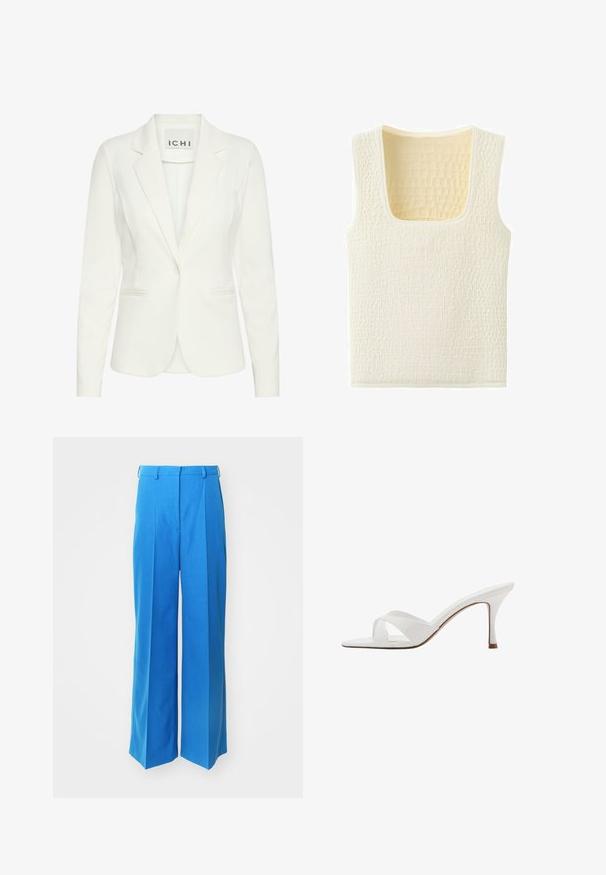 Blazer blanc en tissu lisse, avec une fermeture à un bouton, des revers en notch et deux poches avant. L'étiquette indique "ICHI."; Haut sans manches en maille couleur crème avec un motif carré texturé et un décolleté large et arrondi en forme de carré.; Pantalons larges bleu vif en tissu lisse, avec une taille haute et des plis doubles, dotés de passants de ceinture et sans matériel visible.; Mule blanche à bout ouvert avec des brides croisées et un talon stiletto fin de hauteur moyenne, montrée de profil sur un fond blanc.