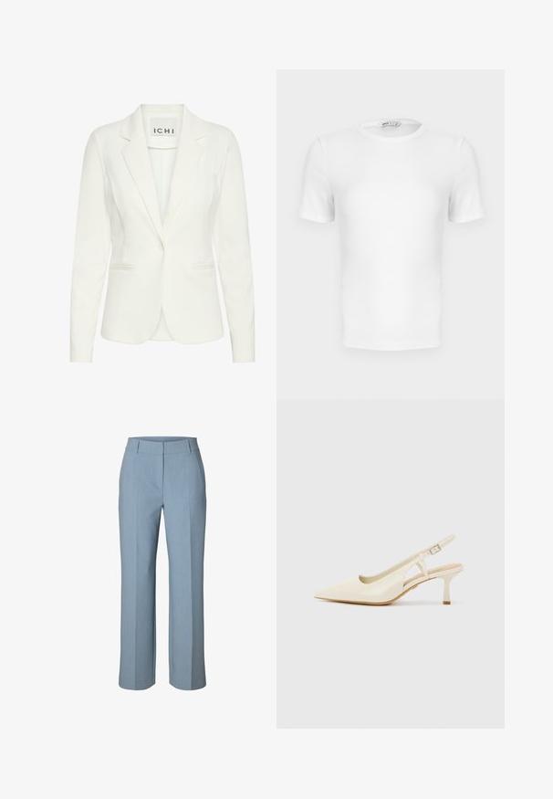 Hvid blazer lavet af glat stof, med enkel knaplukning, notched revers og to frontlommer. Mærket siger "ICHI."; Hvid ribstrikket T-shirt med korte ærmer, rund hals og tætsiddende pasform samt en lille mærkeetiket inde i kraven.; Lyseblå bukser med lige ben, en linning med bæltestropper, forreste pressefold og et rent, skræddersyet design.; Beige slingback hæle lavet af glat læder. Med spids tå, udskæringsdesign og en lav cylindrisk hæl for stabilitet.