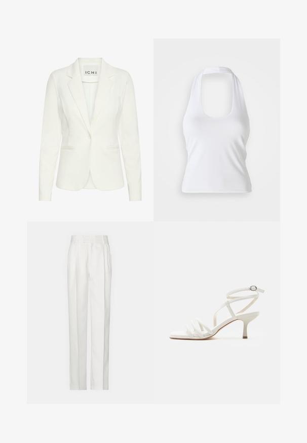 Hvid blazer lavet af glat stof, med enkel knaplukning, notched revers og to frontlommer. Mærket siger "ICHI."; Hvid halterneck top med scoop-udskæring, lavet af glat, strækbart stof. Har et minimalistisk design uden dekorative elementer eller mønstre.; Hvide stikstribede bukser med et lige ben-design, lavet af et let stof. Har foldninger foran og et traditionelt liv.; Hvid damesandal med tynde hæle, tre stropper foran og en ankelrem med en sølvspænde.