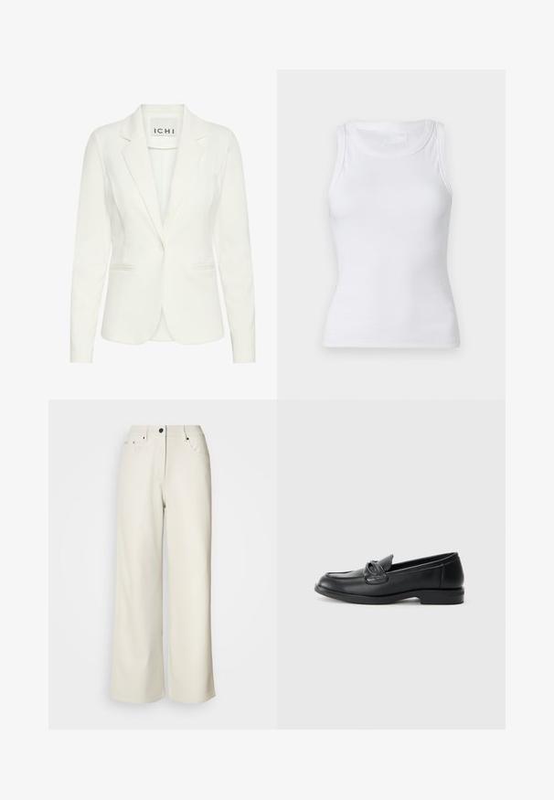Hvid blazer lavet af glat stof, med enkel knaplukning, notched revers og to frontlommer. Mærket siger "ICHI."; Hvid ribbet tanktop med rund halsudskæring og ærmeløs design. Materialet virker glat med en tætsiddende silhuet. Ingen synlige mønstre eller accenter.; Cremefarvede bukser med brede ben lavet af glat stof. Har en mellemhøj talje, lynlås i gulvet og to frontlommer med sorte hardware accenter.; Sorte læder loafers med rund tå, en syet design og en sløjfeaccent på overlappen. Lav blokhæl og glat tekstur.