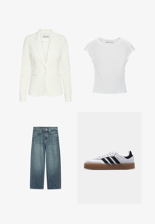 Weißer Blazer aus glattem Stoff, mit einem einzelnen Knopfverschluss, Reverskragen und zwei vorderen Taschen. Das Etikett trägt die Aufschrift "ICHI."; Weißes Baumwoll-T-Shirt mit kurzen, aufgerollten Ärmeln, rundem Ausschnitt und geradem Saum. Glatte Textur ohne sichtbare Muster oder Akzente.; Blaue Denim-Jeans mit weitem Bein, vorderer Knopfleiste und Reißverschluss, Gürtelschlaufen und fünf Taschen.; Weiße Leder Sneakers mit schwarzen Streifen, Gummigummi-Außensohle, runder Zehenform, Schnürverschluss und weichem grauem Wildleder-Zehenkappe.