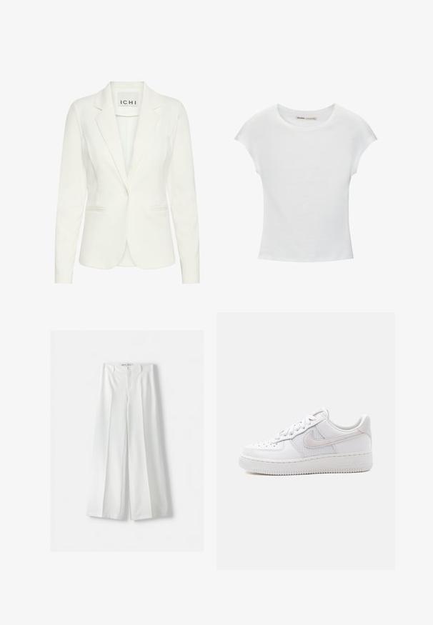 Hvid blazer lavet af glat stof, med enkel knaplukning, notched revers og to frontlommer. Mærket siger "ICHI."; Hvid bomuld t-shirt med korte, opsmøgede ærmer, rund halsudskæring og lige kant. Glat tekstur uden synlige mønstre eller detaljer.; Hvide brede bukser med høj talje, midterfold og klassisk knaplukning. Fremstillet af glat stof med en skræddersyet design.; Hvid Nike Air Force 1 sneaker med lavt snit, hvide snørebånd, perforeringer på tåboksen og netpanel bag Nike swoosh-logoet.