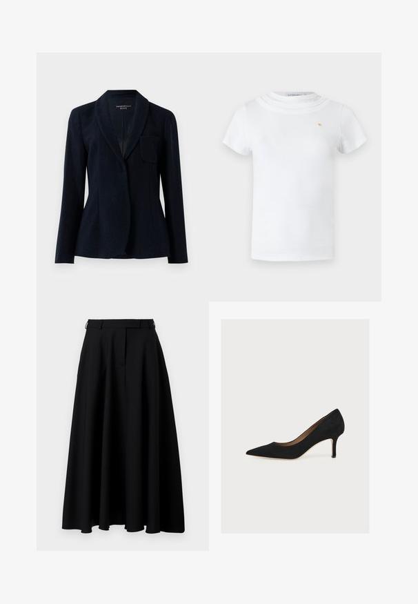 Blazer entallado azul marino oscuro con tejido texturizado, cuello chal, mangas largas y un bolsillo en el pecho, etiquetado como Emporio Armani ICON.; Camiseta blanca de manga corta con cuello redondo en capas y pequeño emblema dorado en el pecho izquierdo.; Falda midi plisada negra con una cintura ajustada, hecha de una tela ligera, que presenta una textura suave y una silueta fluida.; Zapato de salón negro de ante con punta afilada, tacón stiletto de altura media y suela interior color cuero claro sobre un fondo claro.