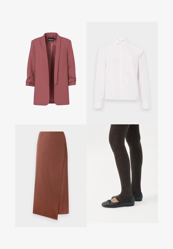 Staubiges rosa Damenblazer mit Schalkragen, gerafften Dreiviertelärmeln und offenem Frontdesign, innen am Halsausschnitt mit "PIECES" gekennzeichnet.; Helles rosa Langarm-Hemd mit Knopfleiste, Kragen und einer einzelnen Brusttasche, vor einem weißen Hintergrund präsentiert.; Brauner, langer Wickelrock aus glattem Stoff mit gerader Silhouette. Verfügt über einen seitlichen Schlitz für optimale Bewegungsfreiheit. Schlichtes Design ohne Muster.; Beine in dunklen, gerippten Leggings kombiniert mit schwarzen Ballerinas mit kleinen Schleifendetails auf weißem Hintergrund.
