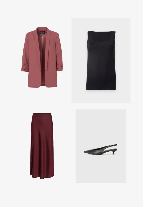 Staubiges rosa Damenblazer mit Schalkragen, gerafften Dreiviertelärmeln und offenem Frontdesign, innen am Halsausschnitt mit "PIECES" gekennzeichnet.; Schwarzes ärmelloses Tanktop mit quadratischem Ausschnitt, aus glattem Stoff gefertigt, mit taillierter Passform und sauberen Kanten, ohne sichtbare Muster oder Akzente.; Langer, dunkel bordeauxfarbener Satinrock mit glatter Textur und leicht ausgestelltem Saum, auf weißem Hintergrund gezeigt.; Schwarzer Slingback-Schuh mit spitzem Zehenbereich aus glattem Leder. Mit einem dünnen Absatz und einer dekorativen Schnalle am verstellbaren Riemen.