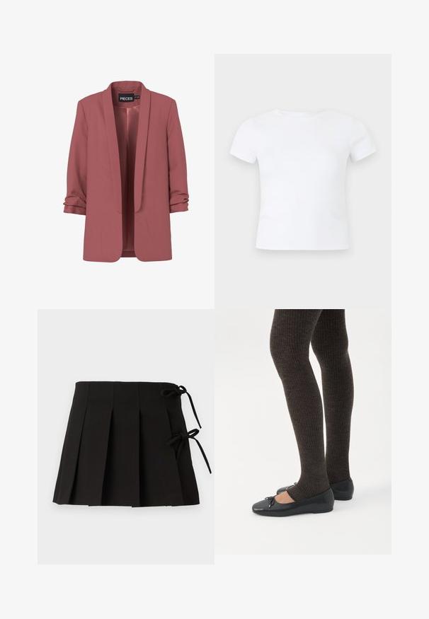 Støvet lyserød kvindeblazer med sjalskrave, rynkede trekvartærmer og åbent frontdesign, mærket "PIECES" inde i halsudskæringen.; Hvid kortærmet t-shirt med rund hals vist på en neutral lys grå baggrund.; Sort plisseret nederdel med sidesnore, lavet af stof med en glat tekstur; har et struktureret design og rene linjer.; Ben iført mørke ribbede leggings kombineret med sorte balletsko med små sløjfedetaljer på hvid baggrund.