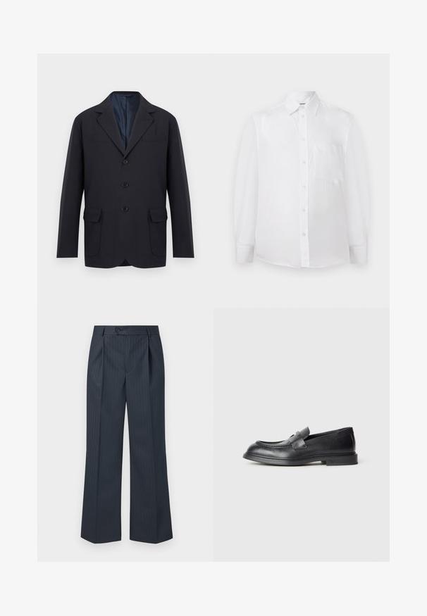 Blazer pour homme noir à simple boutonnage avec revers crantés, trois boutons sur le devant, deux poches à rabat en bas et une poche poitrine passepoilée, sur fond blanc.; Chemise blanche à manches longues avec col et poche poitrine, présentée de face sur un fond blanc.; Pantalons larges rayés marine avec plis avant, fermeture à bouton unique et tissu lisse. Présente des fines rayures verticales vertes pour le détail.; Mocassins en cuir noir avec une finition texturée, dotés d'une bride décorative à l'avant et d'un bout arrondi. Semelle en caoutchouc pour plus de durabilité.