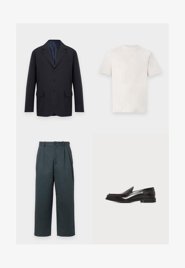 Blazer pour homme noir à simple boutonnage avec revers crantés, trois boutons sur le devant, deux poches à rabat en bas et une poche poitrine passepoilée, sur fond blanc.; T-shirt blanc uni à manches courtes et col rond, présenté à plat sur un fond blanc.; Pantalons larges en vert foncé fabriqués en tissu léger et doux. Avec des plis à l'avant, une fermeture à bouton et des passants de ceinture. Design ajusté.; Mocassin pour homme en cuir noir, sans lacets, avec petit talon et coutures décoratives à l'avant et sur les côtés, sur fond blanc.