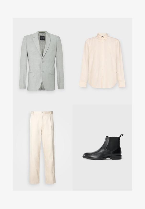 Blazer gris clair avec un motif texturé, deux boutons, revers crantés et poches latérales. L'intérieur présente une doublure à motif subtil.; Chemise beige à manches longues boutonnée avec des rayures verticales subtiles et un col classique, présentée sur un fond clair uni.; Pantalon en coton beige avec une coupe droite, présentant une fermeture à bouton et des plis sur le devant pour plus de détails.; Bottine en cuir noir avec des panneaux latéraux élastiques, bout rond et tirette. Texture lisse, semelle plate, design minimaliste.
