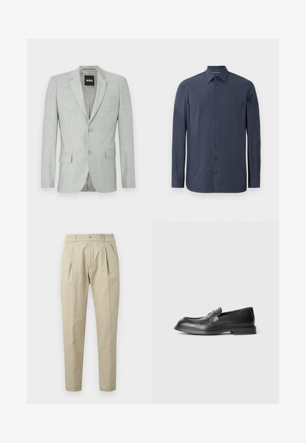 Blazer gris claro con un patrón texturizado, dos botones, solapas de muesca y bolsillos laterales. El interior presenta un forro impreso sutil.; Camisa de manga larga de color navy hecha de tela suave, con un cuello abotonado y botones negros en el frente. Detalle de textura sutil visible.; Pantalones beige plisados con cierre de botones, trabillas para cinturón, bolsillos laterales y diseño ajustado en la pierna, mostrados sobre un fondo blanco.; Mocasines de cuero negro con acabado texturizado, que cuentan con una correa decorativa en la parte delantera y punta redondeada. Suela de goma para mayor durabilidad.