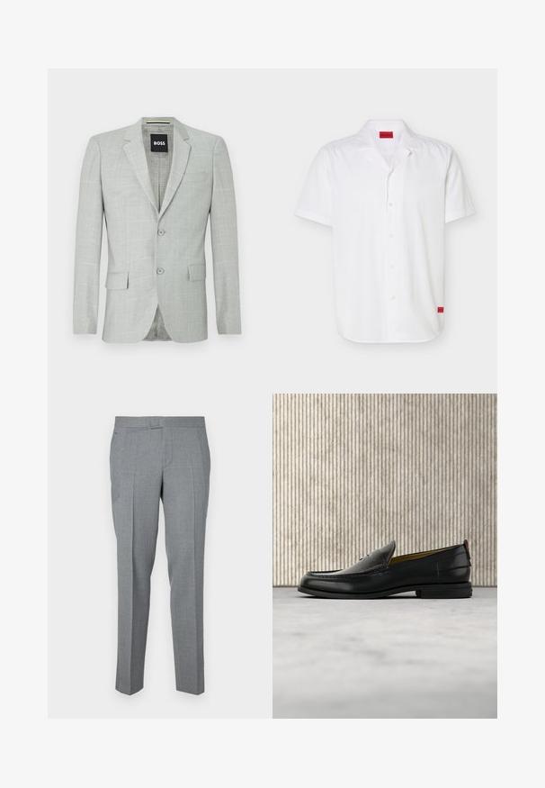 Blazer gris clair avec un motif texturé, deux boutons, revers crantés et poches latérales. L'intérieur présente une doublure à motif subtil.; Chemise blanche à manches courtes avec col camp, dotée d'étiquettes rouges du logo Hugo à l'intérieur du col et à l'ourlet inférieur.; Pantalons gris ajustés en tissu texturé, avec une taille plate, des passants de ceinture et deux poches latérales. Design à jambe droite.; Mocassin pour homme en cuir noir avec un dessus embossé effet croco et un petit talon, présenté de profil sur un fond neutre.