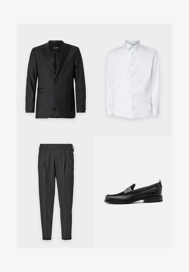 Blazer negro con solapa de muesca, botón simple, diseño estructurado, tela texturizada y dos bolsillos frontales. Interior forrado con un patrón.; Camisa blanca de manga larga hecha de tela suave, con un cuello clásico, tapeta de botones y puños con botones, presentada sobre un fondo liso.; Pantalones negros de tela suave, con un frente plisado, cinturilla elástica y piernas rectas con un fondo cónico.; Mocasín de cuero negro con detalle de tira gris, tacón bajo y suela texturizada, con la marca "HUGO" en oro en el lateral.