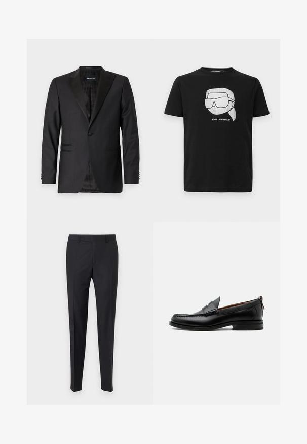 Blazer negro con solapa de muesca, botón simple, diseño estructurado, tela texturizada y dos bolsillos frontales. Interior forrado con un patrón.; Camiseta de algodón negra con un gráfico blanco de un personaje estilizado que lleva gafas de sol grandes, con el texto "KARL LAGERFELD" debajo de la imagen.; Pantalones de vestir negros con un corte ajustado, frente plano y piernas con pliegues; fabricados en tejido suave con trabillas y cremallera en la bragueta.; Mocasín de hombre de piel negra con costura moc toe, tira penny, cuello texturizado y tacón bajo apilado sobre fondo blanco.
