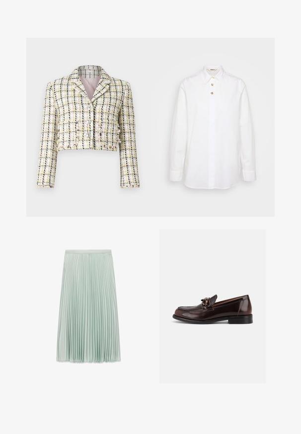 Veste courte en tweed multicolore avec un motif à carreaux, dotée de trois boutons sur le devant et d'une doublure rose douce.; Chemise blanche à manches longues en coton avec un col classique, dotée d'un devant boutonné et de boutons dorés pour les accents.; Jupe midi plissée vert menthe clair avec une ceinture ajustée et de fines pliures verticales sur tout le tissu.; Mocassin homme en cuir marron foncé avec petit talon et mors décoratif en métal sur la empeigne, présenté en profil latéral sur fond blanc.