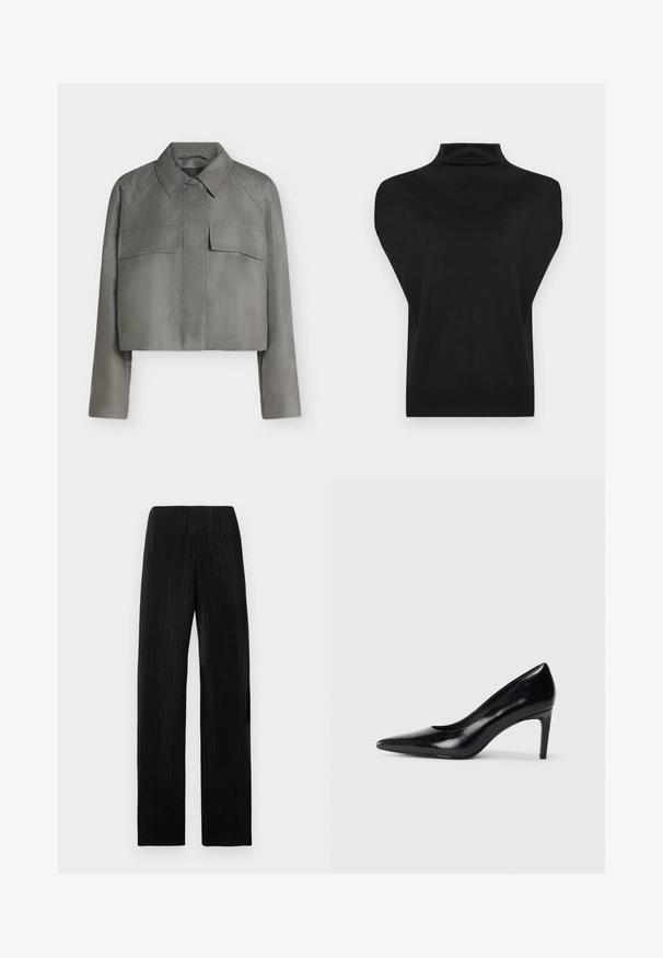 Veste grise courte avec manches longues, col pointu, poches à rabat devant et fermeture boutonnée invisible sur fond uni.; Pull noir sans manches à col roulé avec de larges panneaux aux épaules et un ourlet côtelé ajusté, présenté sur un fond blanc.; Pantalon noir taille haute à jambes larges avec des plis verticaux subtils, présenté à plat sur un fond gris clair.; Chaussure à talon haut en cuir noir avec un bout pointu, texture lisse et un talon effilé. Design minimaliste, sans embellissements supplémentaires.