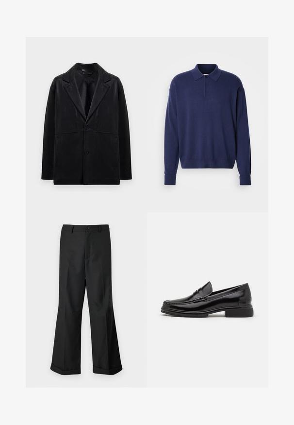 Sort læderblazer med rejsekrave, to knapper og sidelommer. Har en glat tekstur og en struktureret silhuet.; Marineblå sweater med krave, lange ærmer og ribbede manchetter. Blød tekstur med en afslappet pasform og en tre-knaps stolpe.; Sorte vide benbukser med knappet talje og opslåede ben, præsenteret mod en ensfarvet hvid baggrund.; Sorte læder loafers med en rund tå, der har en syet detalje over vristen og en lav blokhæl. Glat tekstur og blank finish.