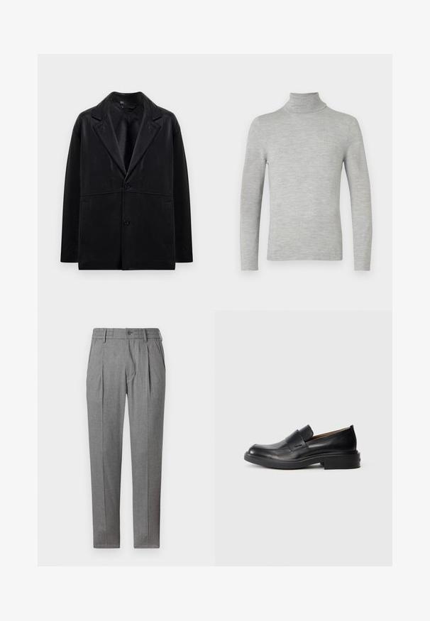 Zwarte leren blazer met een opstaande kraag, twee knopen en zijzakken. Beschikt over een soepele textuur en een gestructureerde silhoët.; Lichtgrijze lange mouwen turtleneck trui met fijne breistekstuur, weergegeven op een effen witte achtergrond.; Grijze geplooide broek met een elastische tailleband, gemaakt van een gemêleerde stof. Voorzien van een sluiting met een knoop aan de voorkant en taps toelopende pijpen.; Zwarte leren instap schoenen met een lage hak en subtiel Calvin Klein-logo aan de zijkant, weergegeven in profiel op een witte achtergrond.