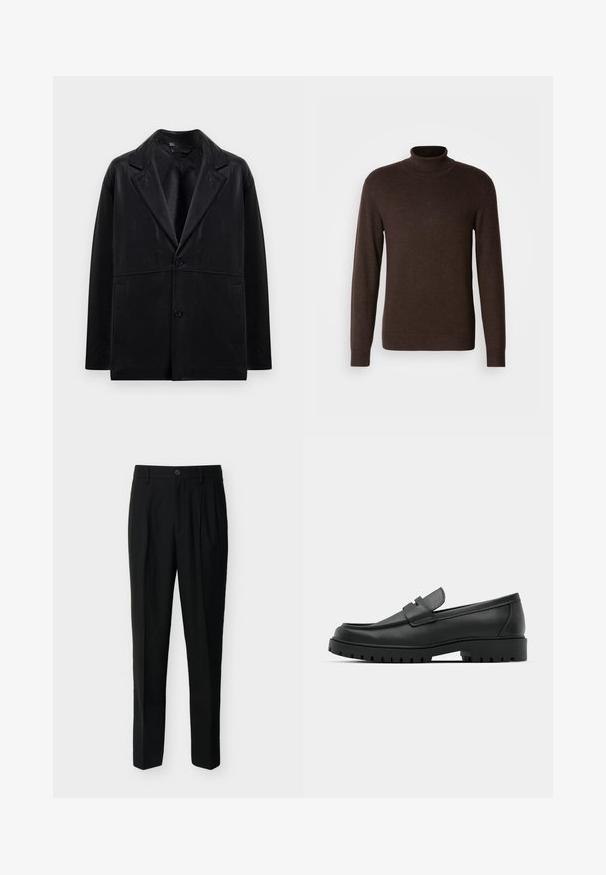 Sort læderblazer med rejsekrave, to knapper og sidelommer. Har en glat tekstur og en struktureret silhuet.; Brun turtleneck sweater lavet af blødt materiale, med lange ærmer og ribbet krave. Glat tekstur med en tætsiddende design.; Sorte, skræddersyede bukser med høj talje, bæltestropper, forreste læg, sidelommer samt knap- og lynlåslukning.; Sorte læder loafers med rund tå, der har et syet design, lav platformssål og en struktureret, skridsikker gummisål.