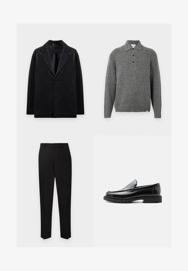 Schwarze Lederblazer mit Reverskragen, zwei Knöpfen und Seitentaschen. Verfügt über eine glatte Textur und eine strukturierte Silhouette.; Grauer gestrickter Pullover mit Polokragen, Fünf-Knopf-Leiste, langen Ärmeln und gerippten Bündchen; zeichnet sich durch einen strukturierten Stoff mit dezenten Sprenkeln aus.; Schwarze, maßgeschneiderte Hosen mit geradem Bein, ausgestattet mit einem Knopfverschluss und feiner Textur. Keine sichtbaren Muster oder Akzente.; Schwarzer Lederloafer mit grober Gummisohle, genähter Oberseite und geprägtem Markennamen an der Ferse, seitlich auf weißem Hintergrund gezeigt.